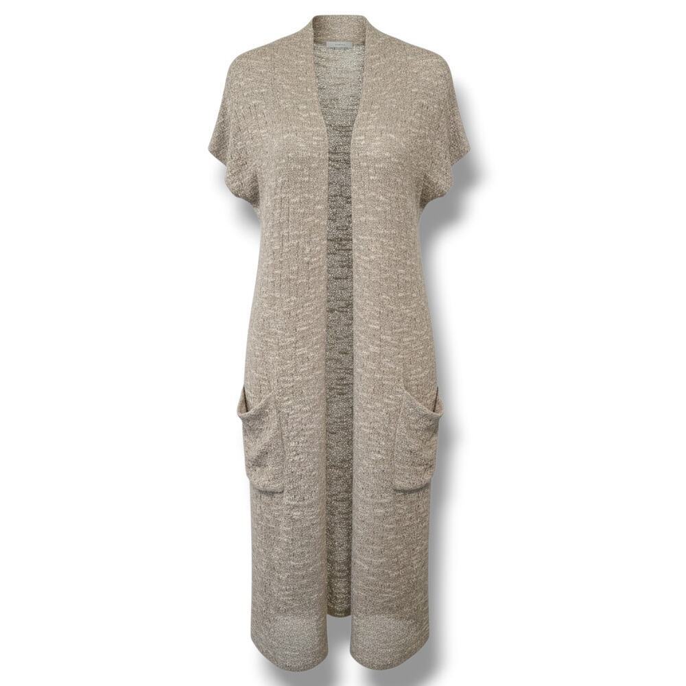 Olivia Moon Womens Medium Beige Open Front Long Duster Cardigan Textured Knit